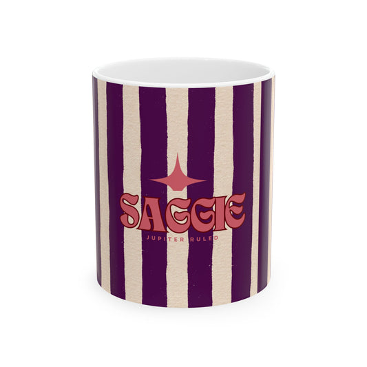 Striped mug with 'SAGGIE' branding on a white background