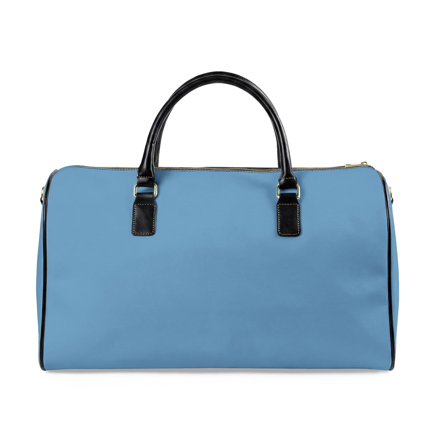 Blue duffel bag with black handles on a white background
