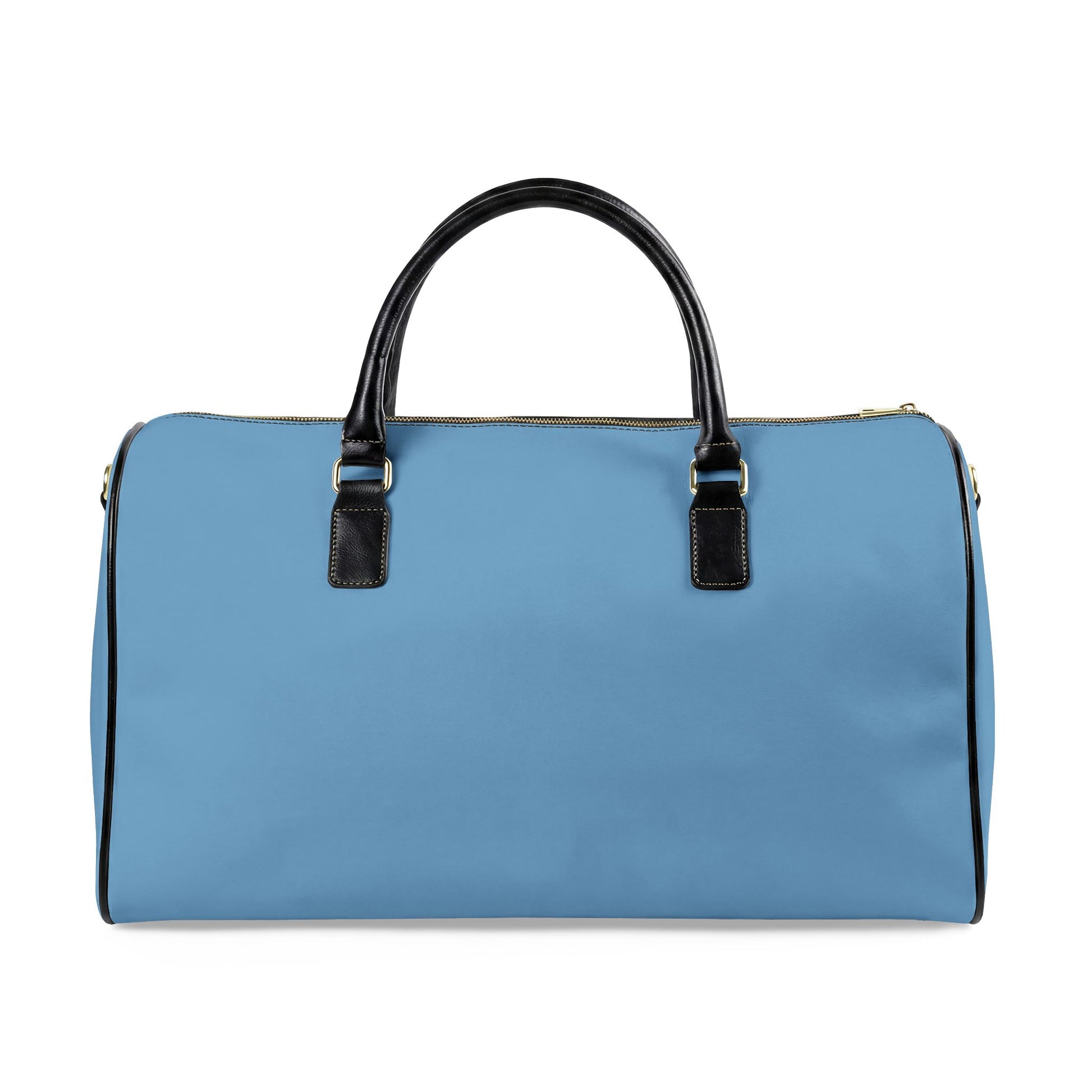Blue duffel bag with black handles on a white background