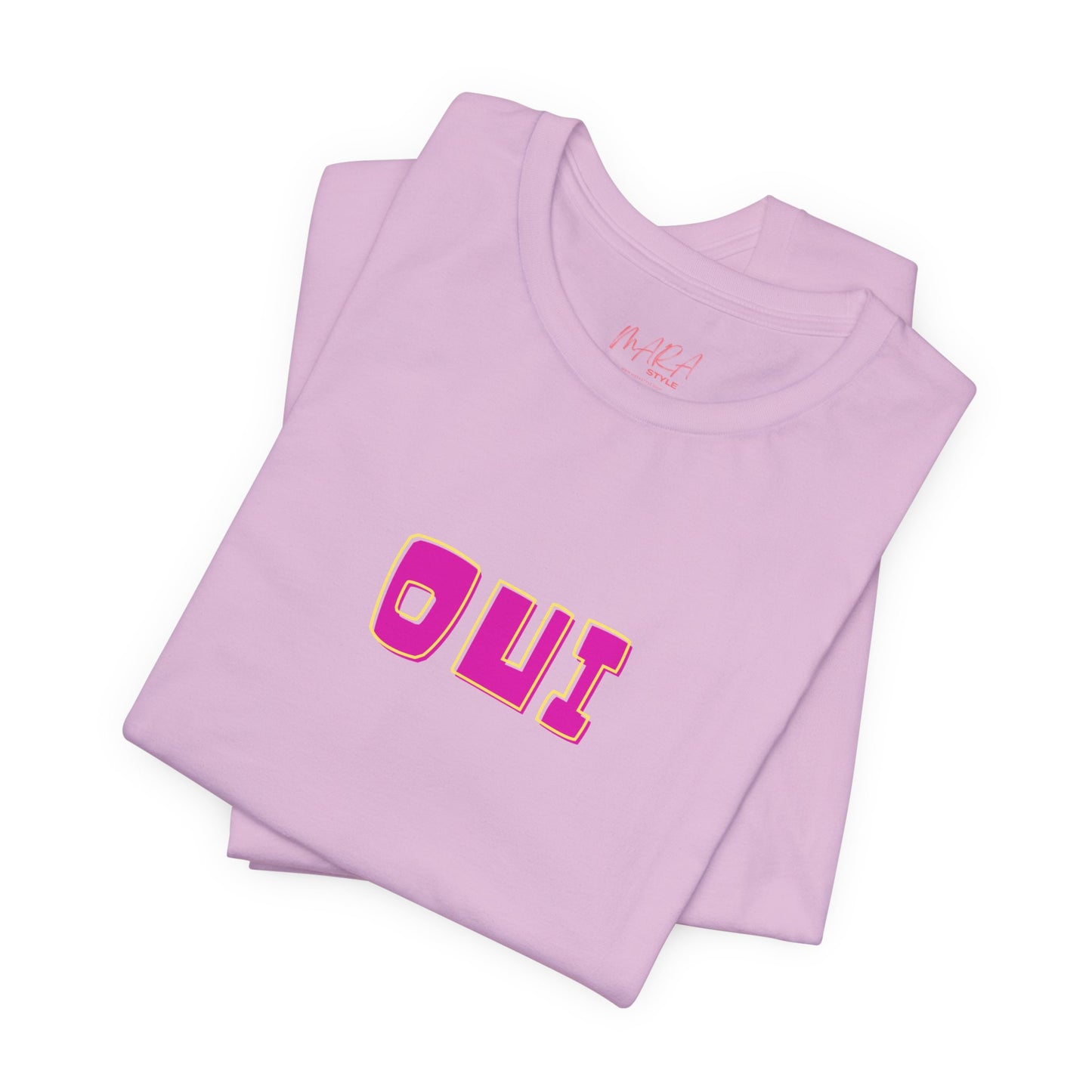 Folded light purple t-shirt with 'OUI' text on a white background