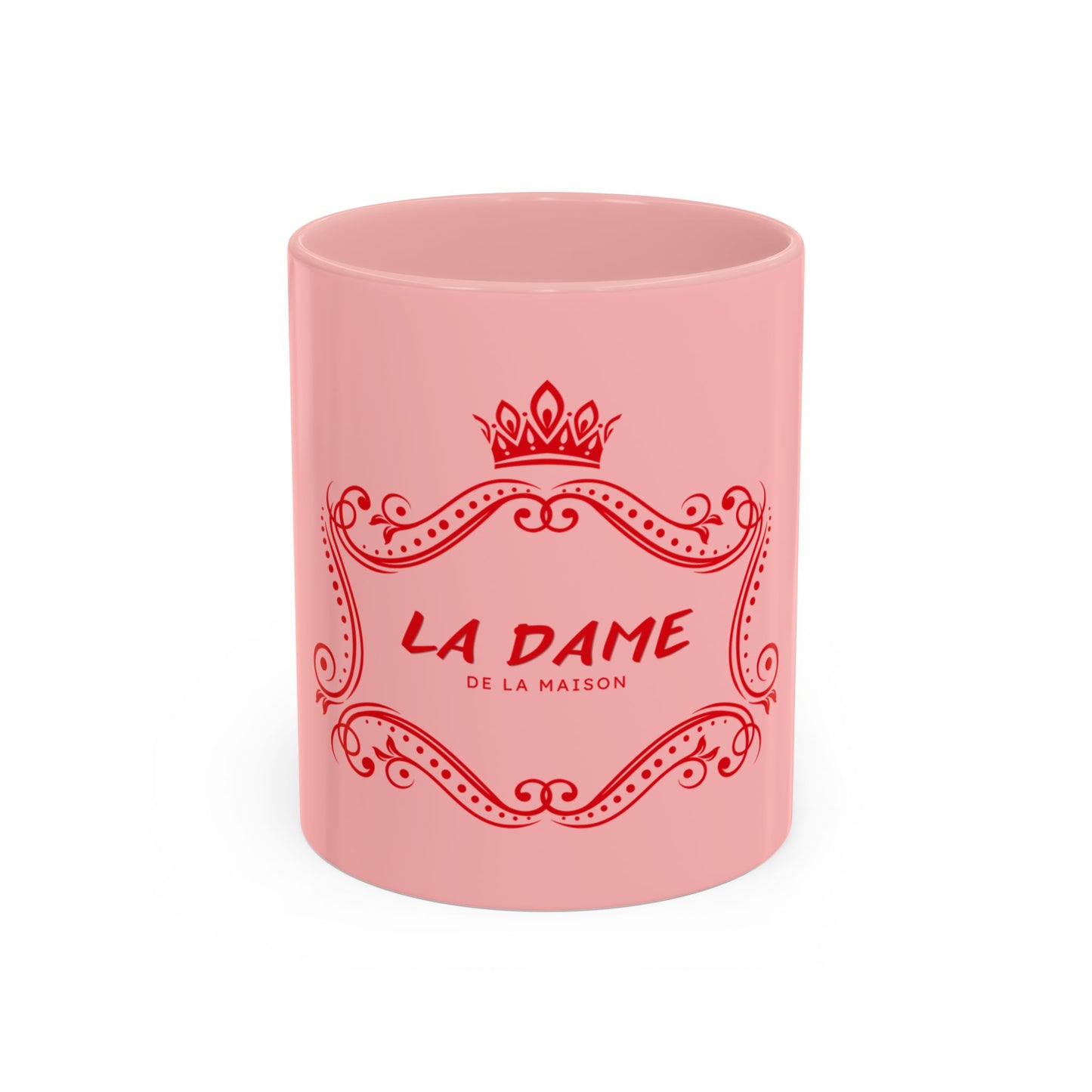 Pink candle with 'La Dame de la Maison' text and design on a white background