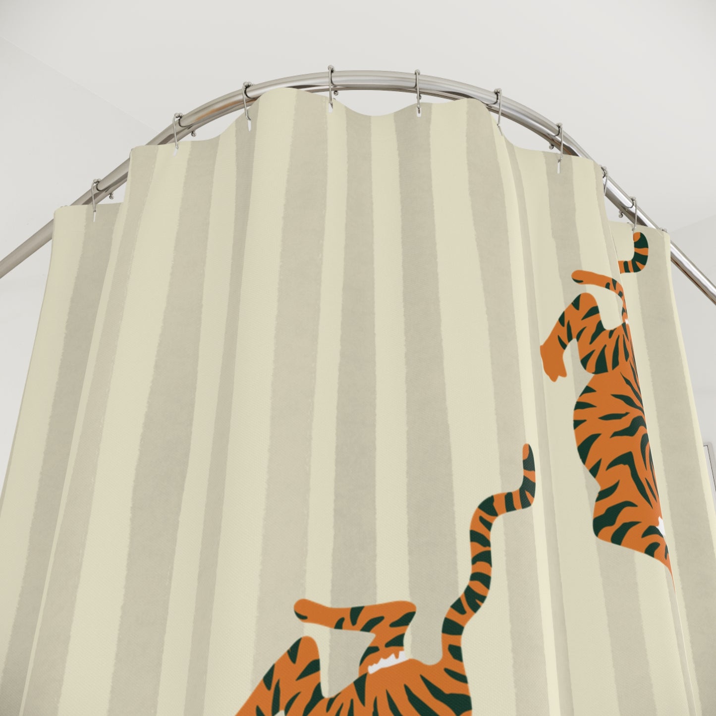 Shower curtain with tiger design on a white background