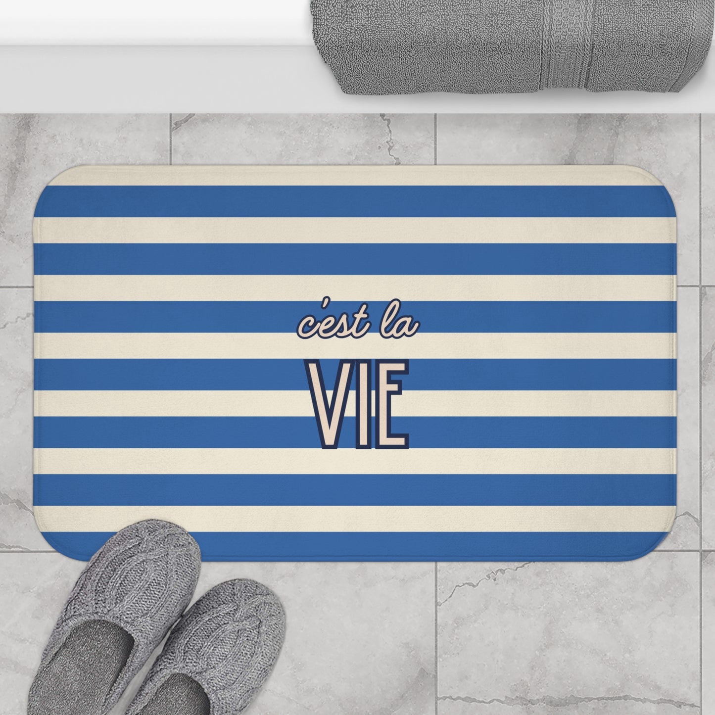C'est la Vie Blue Striped Bath Mat — Nautical French Quote Bathroom Rug