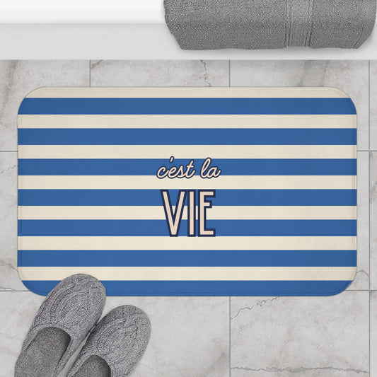 C'est la Vie Blue Striped Bath Mat — Nautical French Quote Bathroom Rug