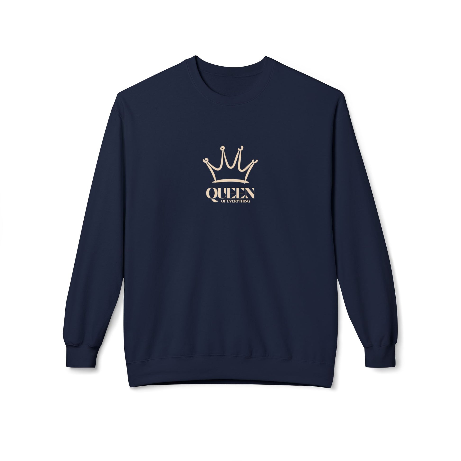 Navy blue sweatshirt with a gold crown and 'QUEEN' text on a white background
