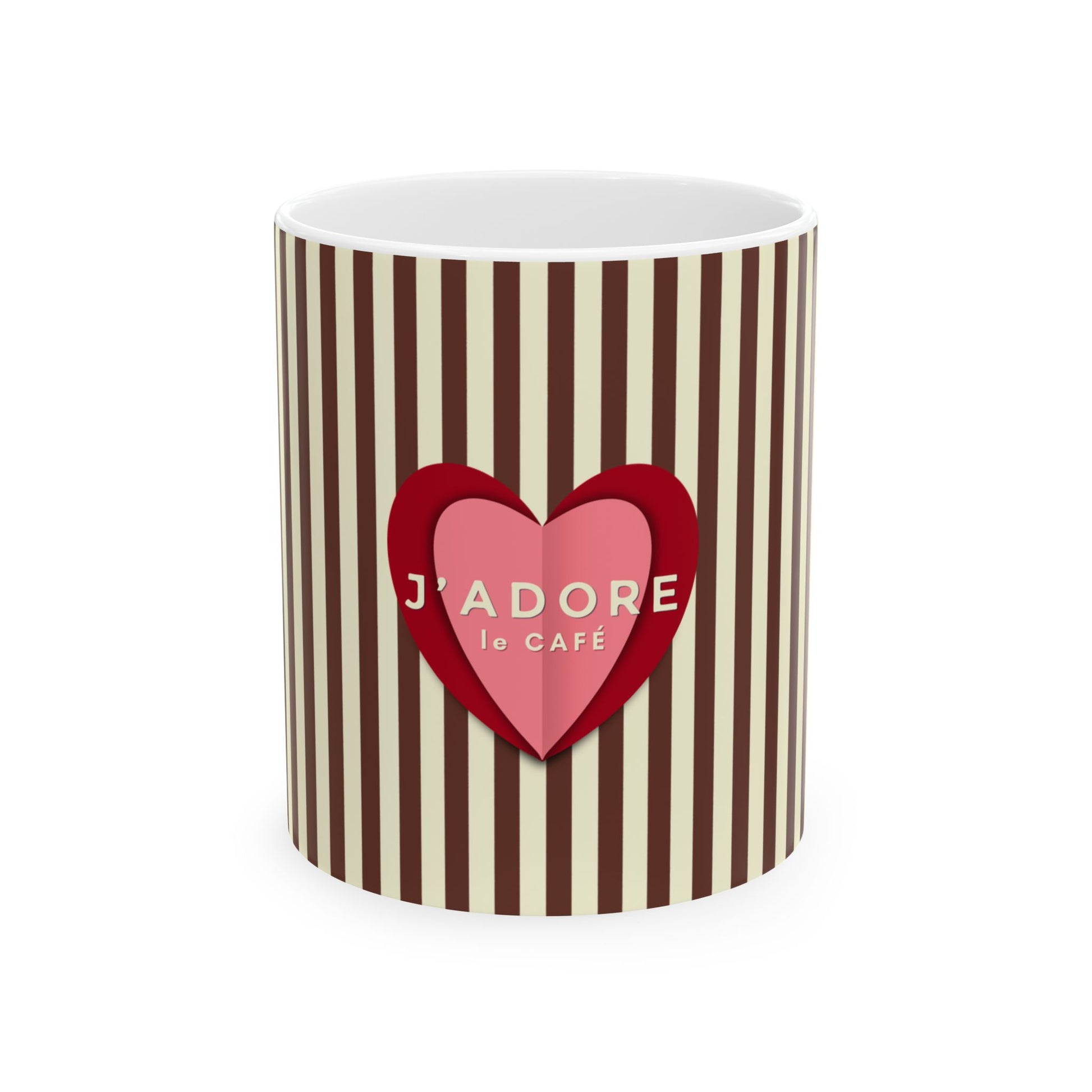 Mug with red heart and 'J'adore le Cafe' text on brown and white striped background