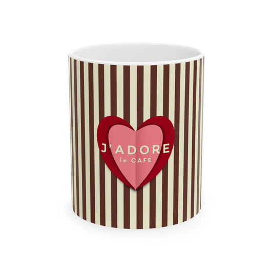 Mug with red heart and 'J'adore le Cafe' text on brown and white striped background