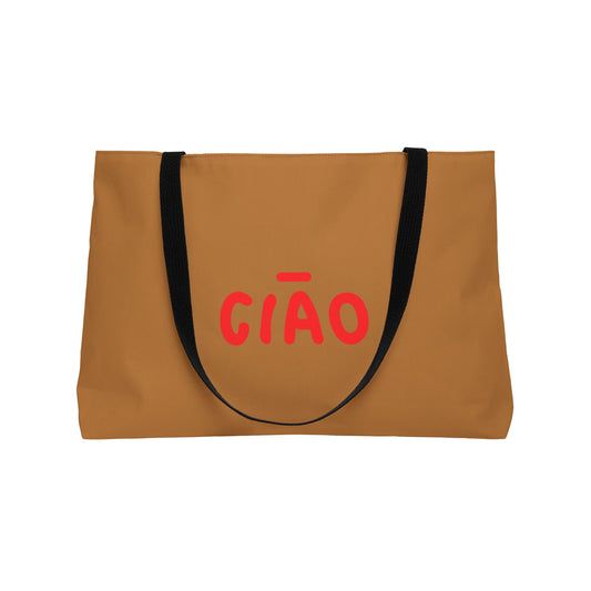 Brown tote bag with red 'CIAO' text and black handles on a white background