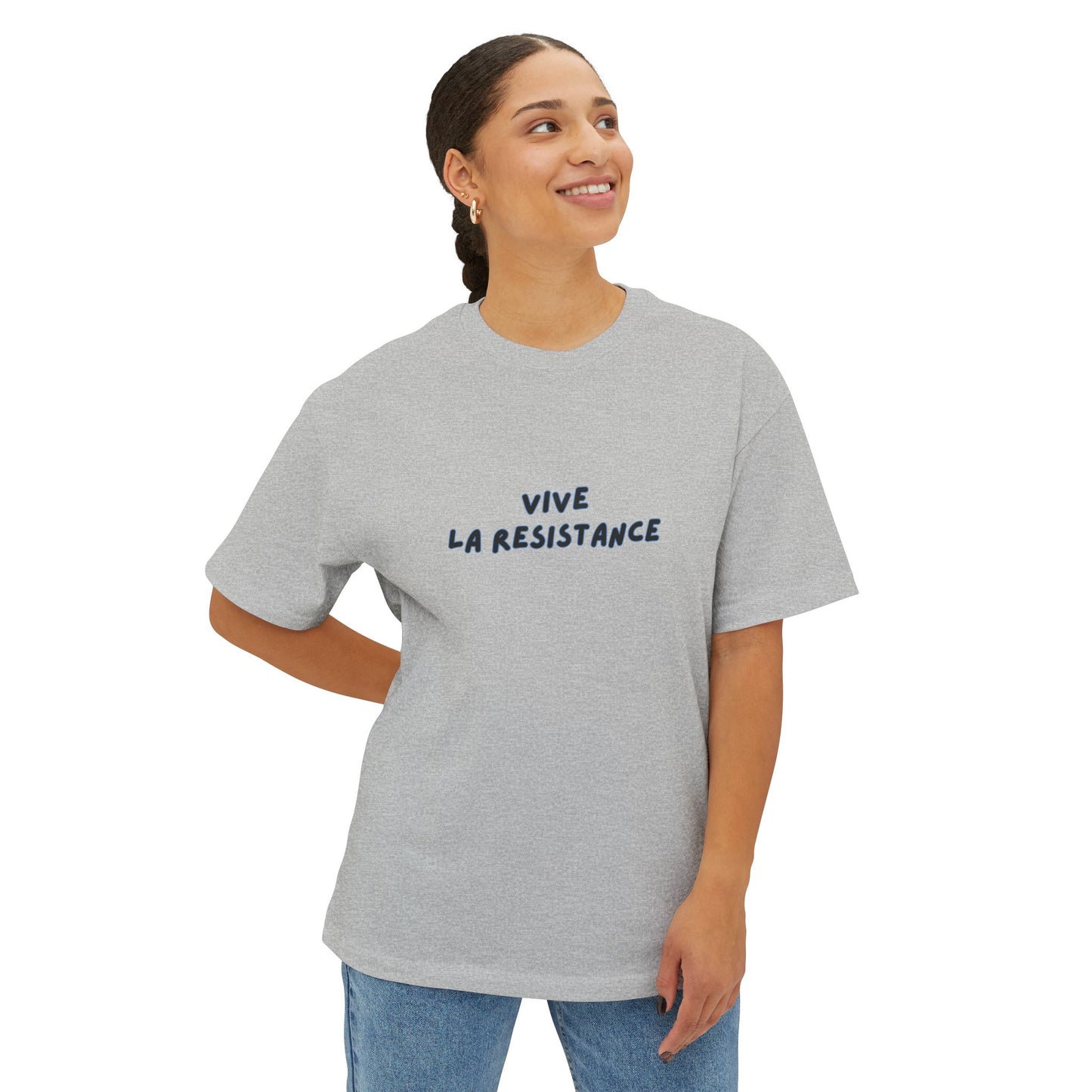 Person wearing a gray t-shirt with 'Vive La Resistance' text on a white background