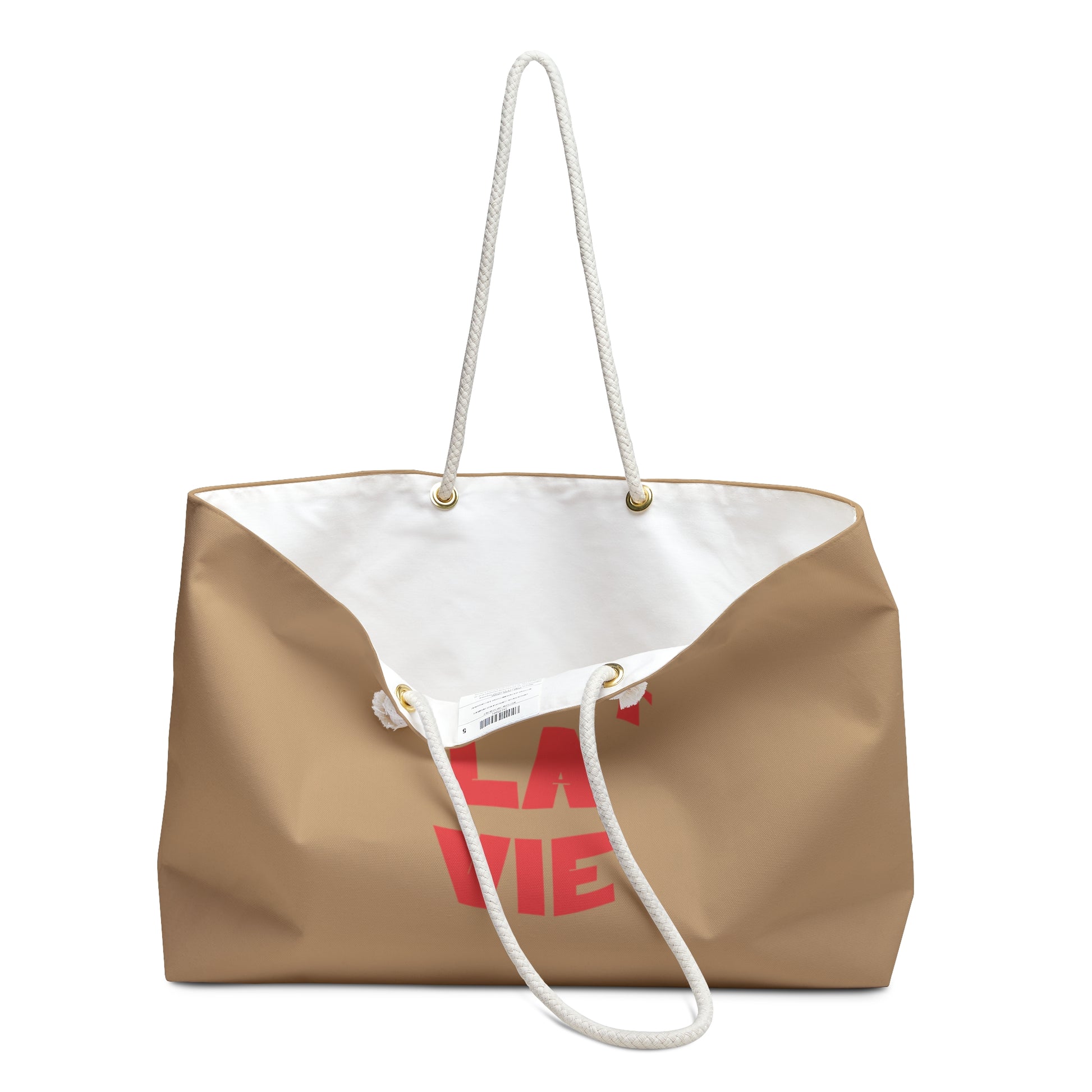Beige tote bag with white interior and red text on a white background