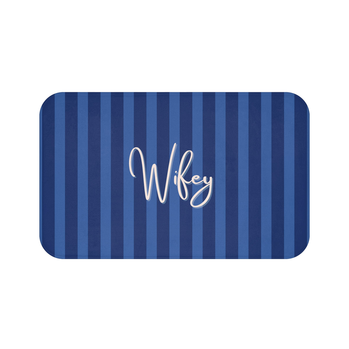 A rectangular doormat with rounded corners, featuring vertical navy and medium blue stripes with the name 'Wifey' written in white cursive script in the center.
