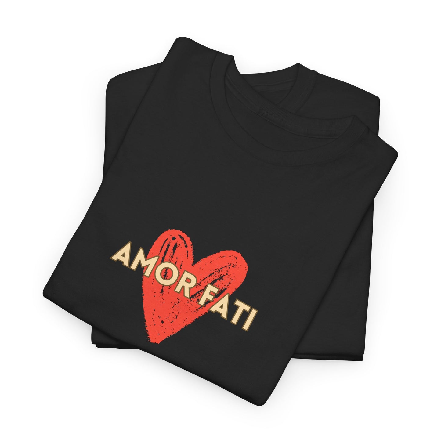 Black t-shirt with a red heart and 'AMORE FATI' text on a white background