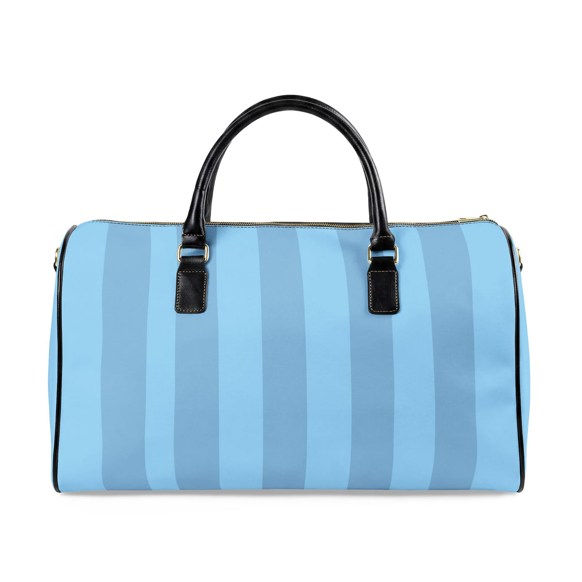 A light blue and medium blue vertically striped duffel bag with black leather handles and trim, shown against a plain white background.