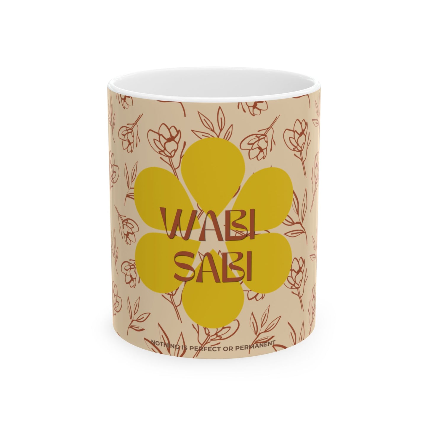 Mug with floral design and 'Wabi Sabi' text on a beige background