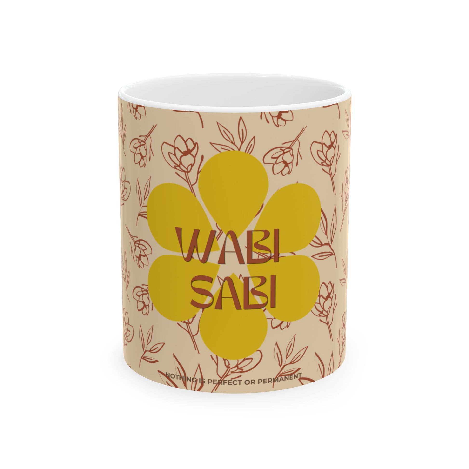 Mug with floral design and 'Wabi Sabi' text on a beige background