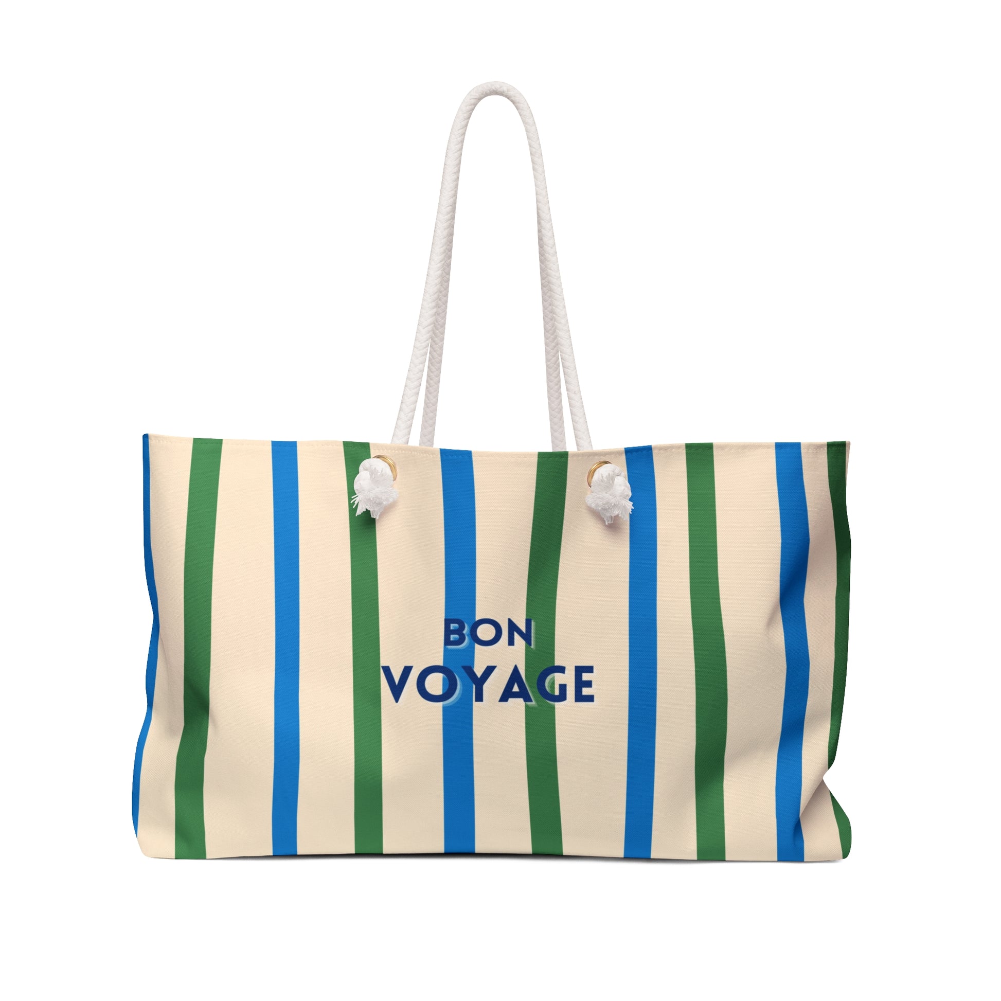 Striped bag with 'Bon Voyage' text on a white background