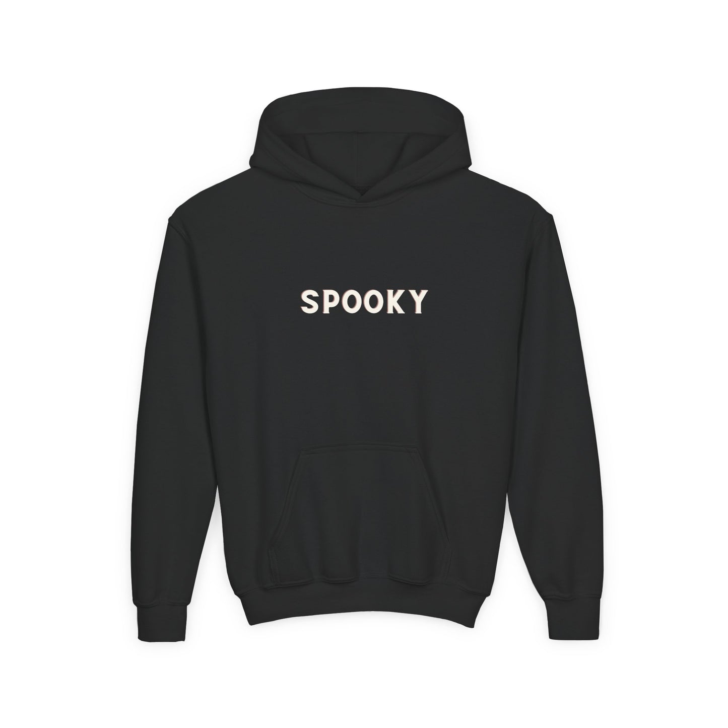 Black Youth hoodie with 'SPOOKY' text on the back against a white background