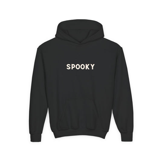 Black Youth hoodie with 'SPOOKY' text on the back against a white background