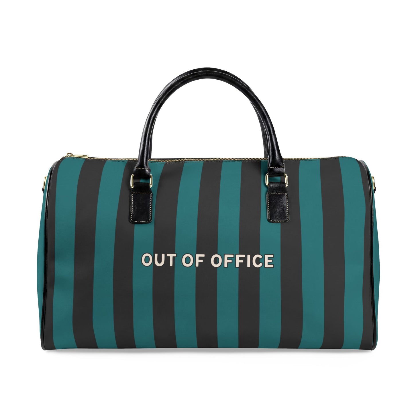 Striped duffel bag with 'OUT OF OFFICE' text on a white background