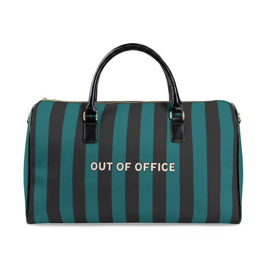 Striped duffel bag with 'OUT OF OFFICE' text on a white background