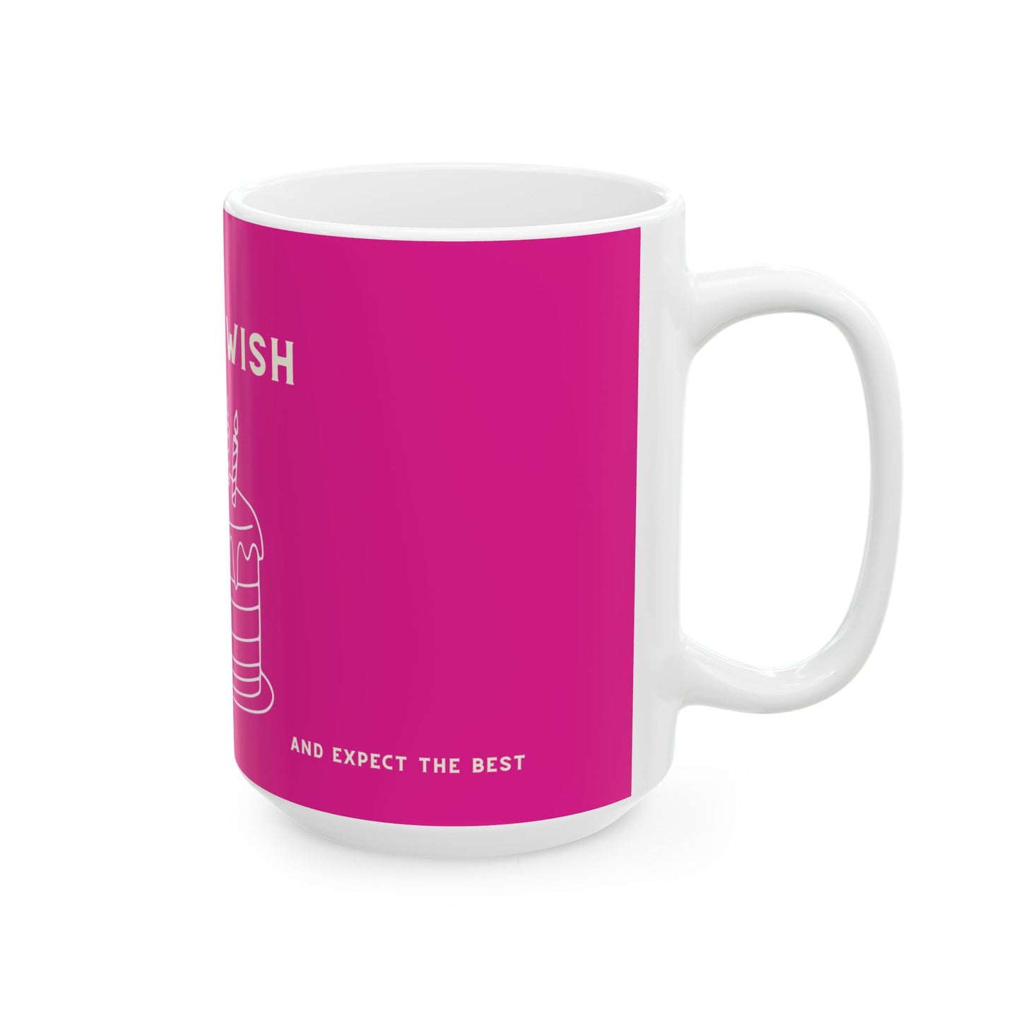 White mug with a pink accent featuring text on a white background