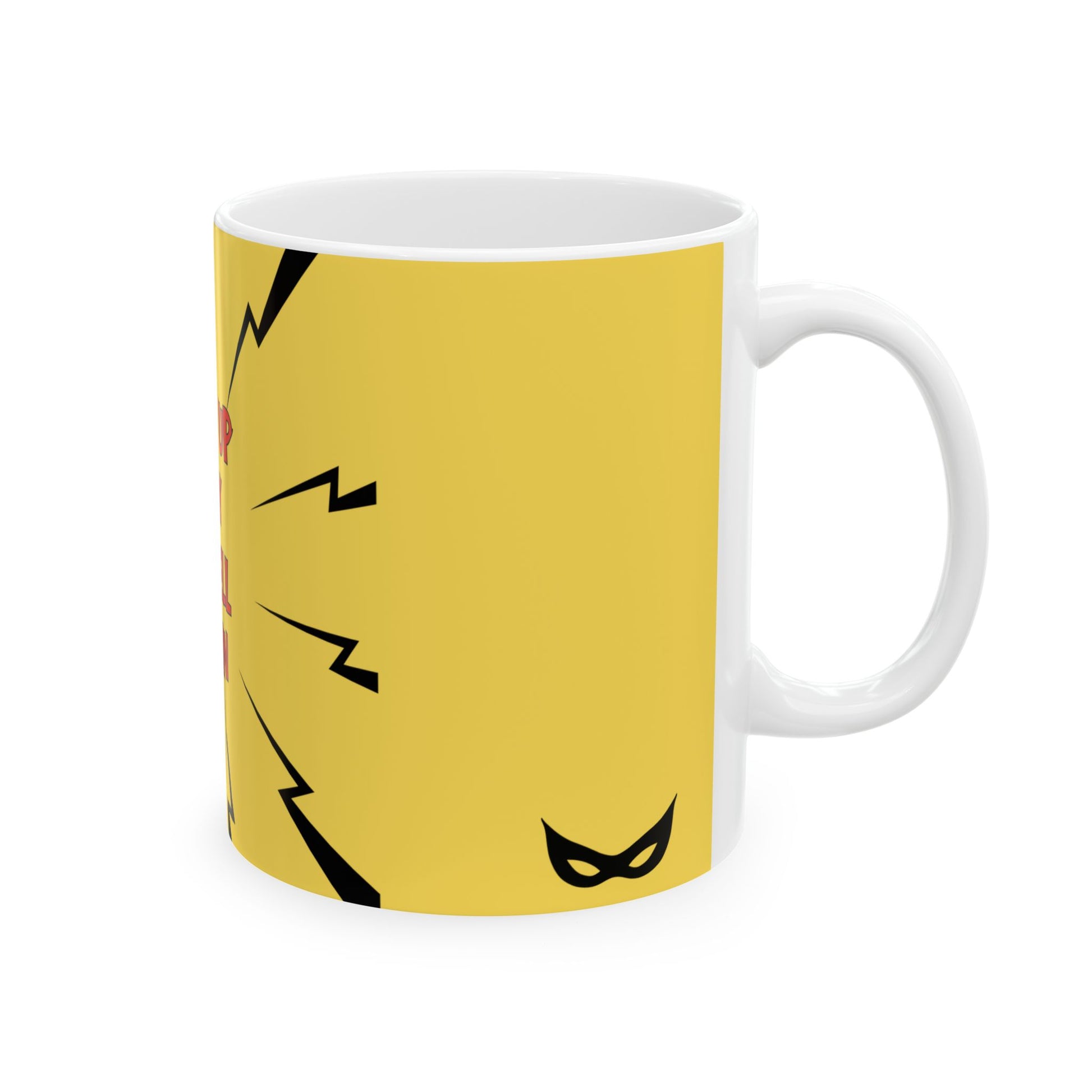 Mug with yellow background and black mask design on a white background