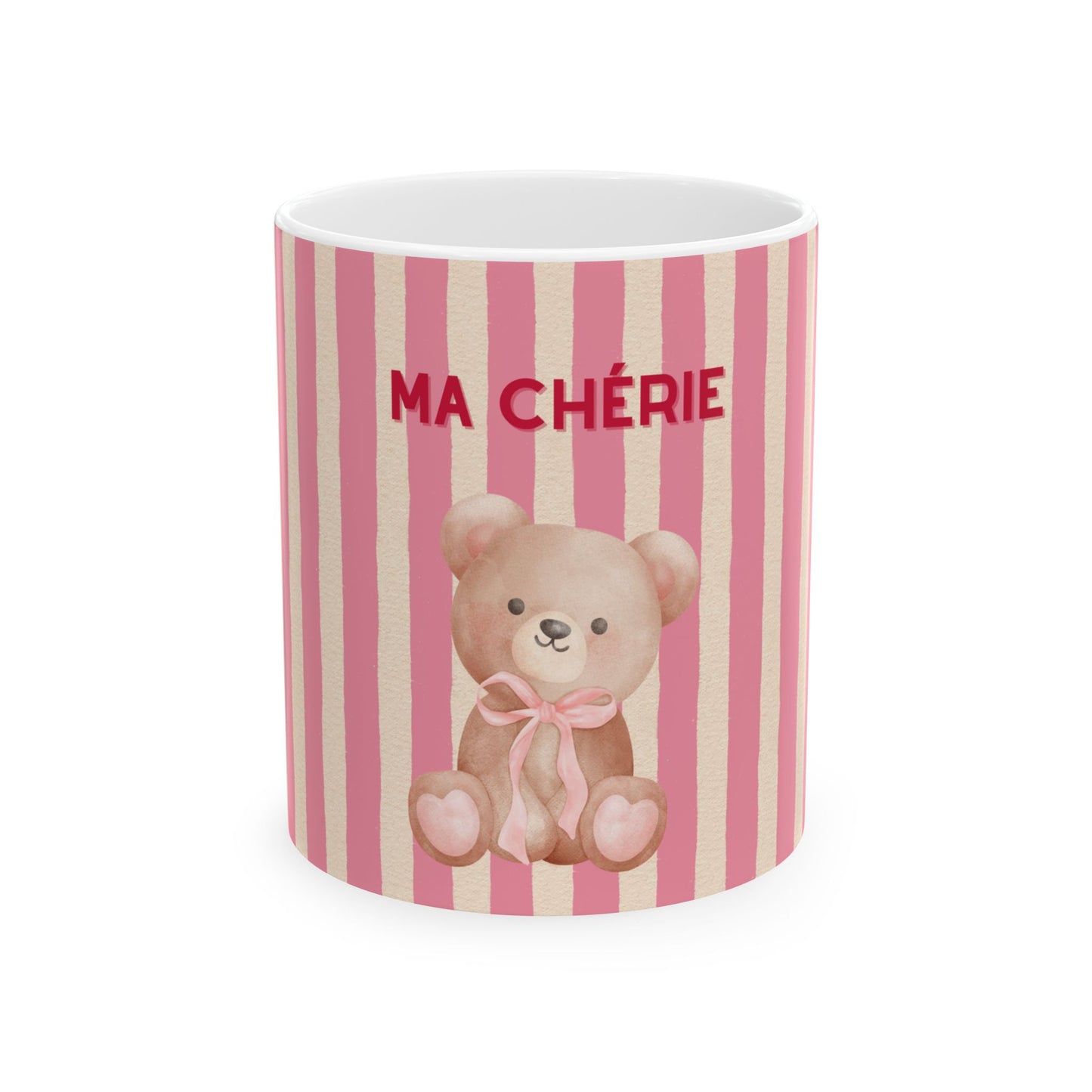 Ceramic mug with teddy bear design and 'MA CHERIE' text on pink and white striped background