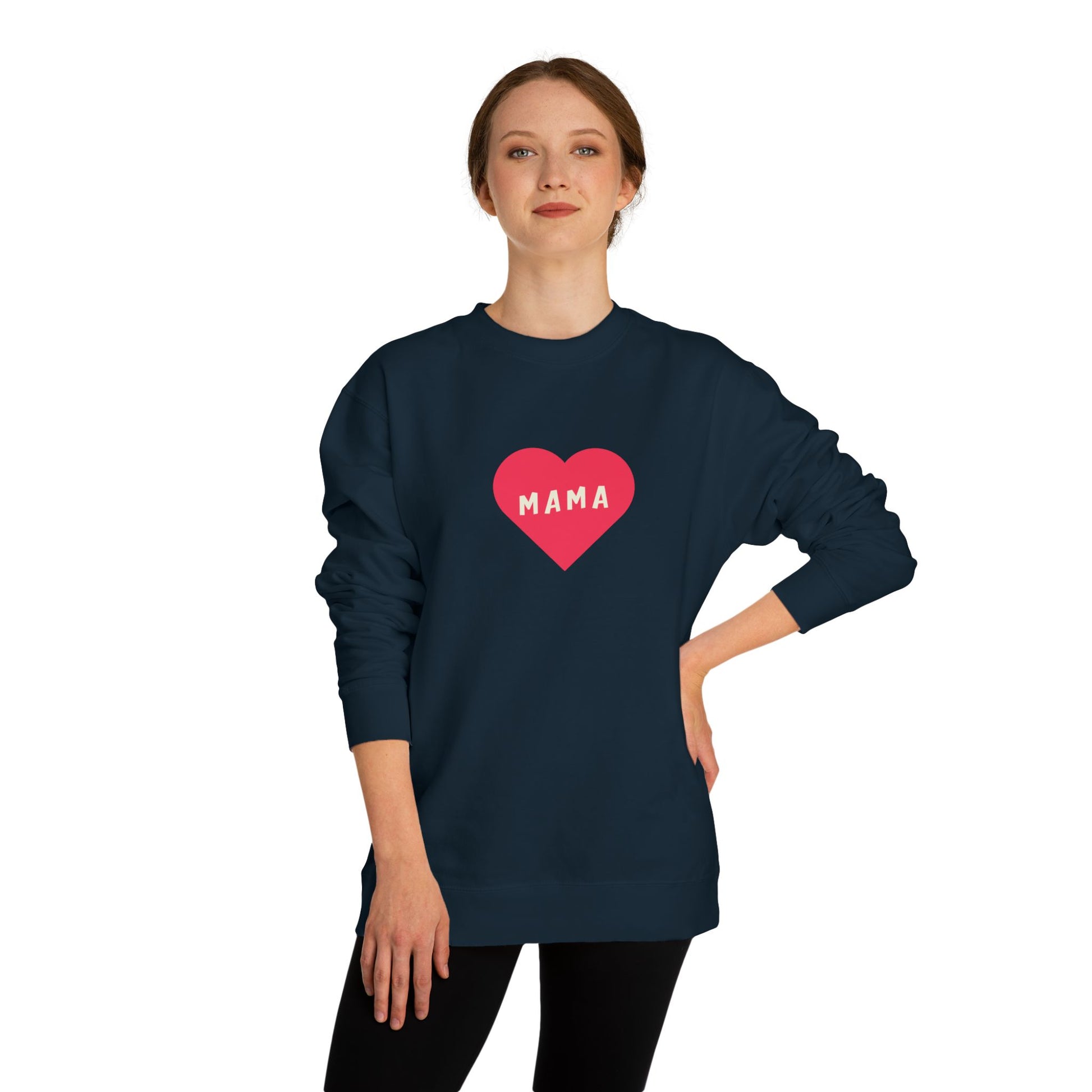 Person wearing a navy sweatshirt with a red heart and 'MAMA' text on a white background
