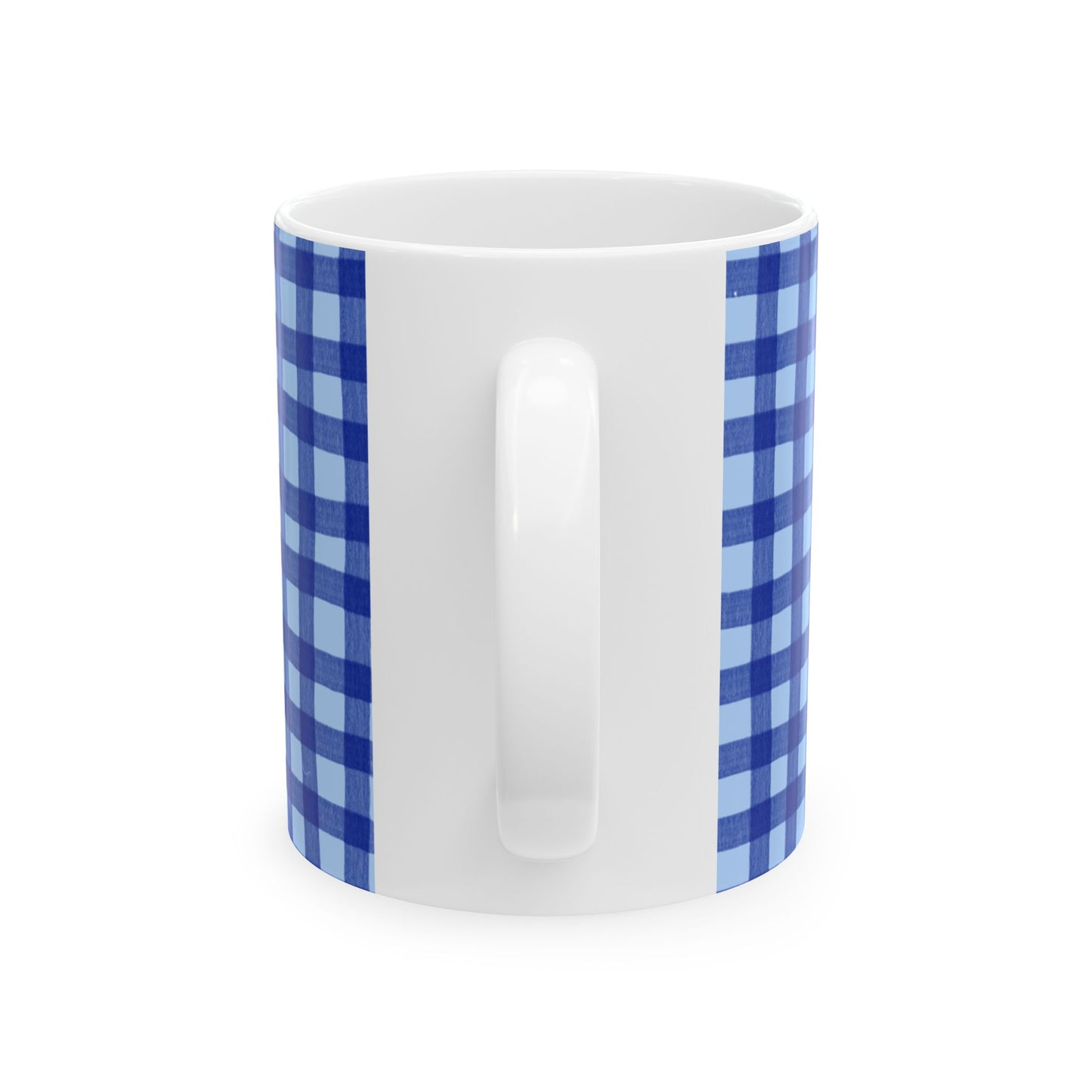 A white ceramic mug with a blue and light blue gingham checkered pattern wrapping around its sides, shown on a clean white background.