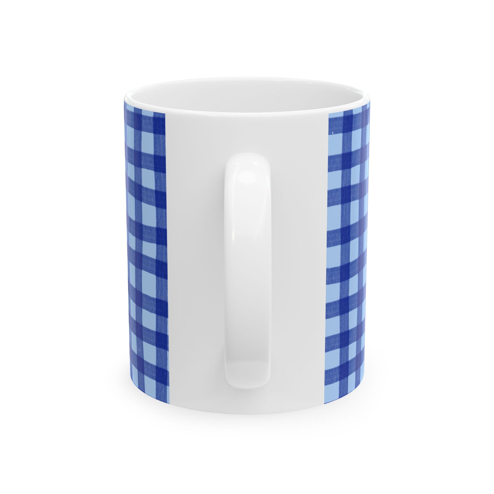A white ceramic mug with a blue and light blue gingham checkered pattern wrapping around its sides, shown on a clean white background.