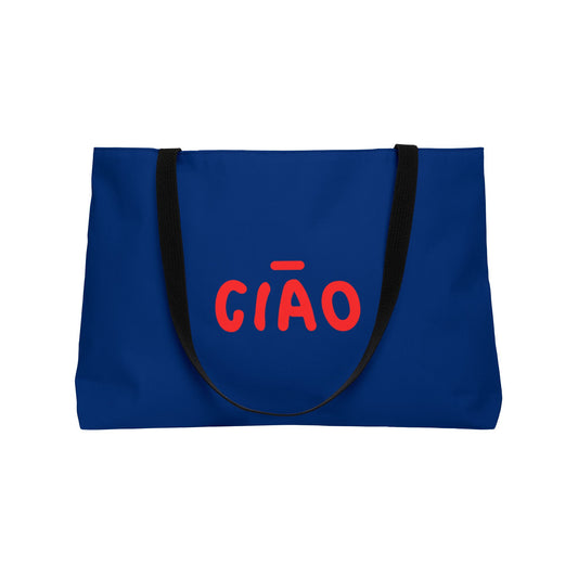 Blue tote bag with red 'CIAÓ' text on a white background