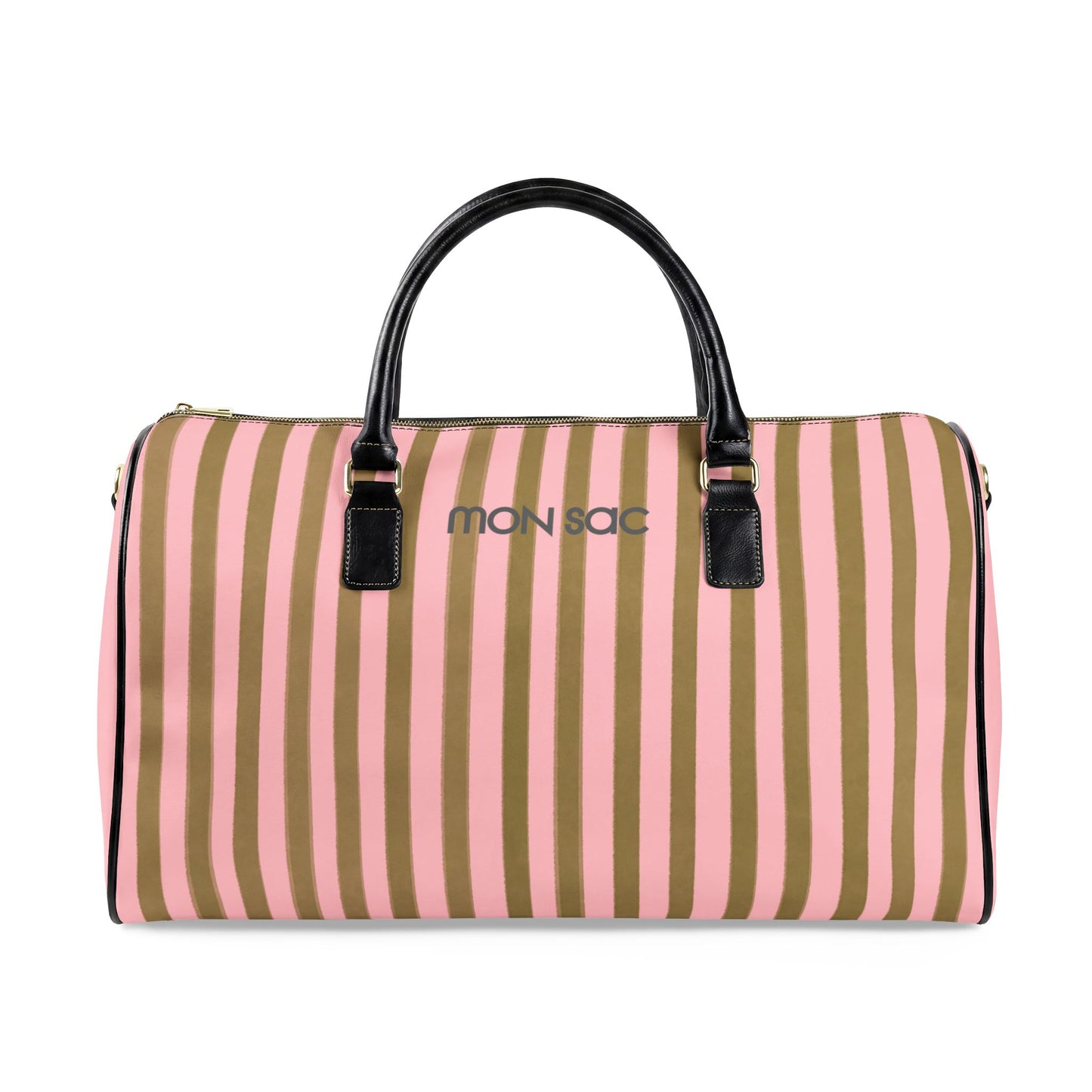 Striped duffel bag with 'MON SAC' branding on a white background
