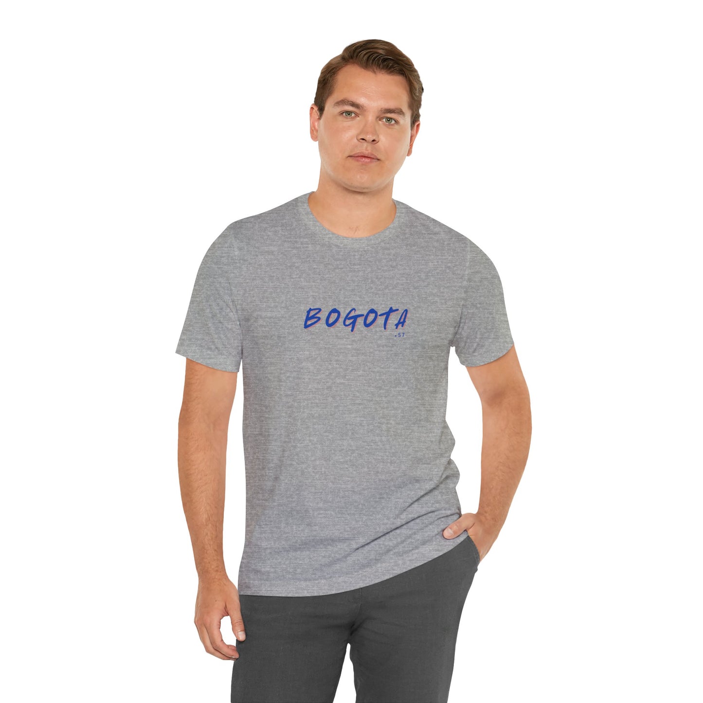 Man wearing a gray t-shirt with 'BOGOTA' printed in blue on a white background