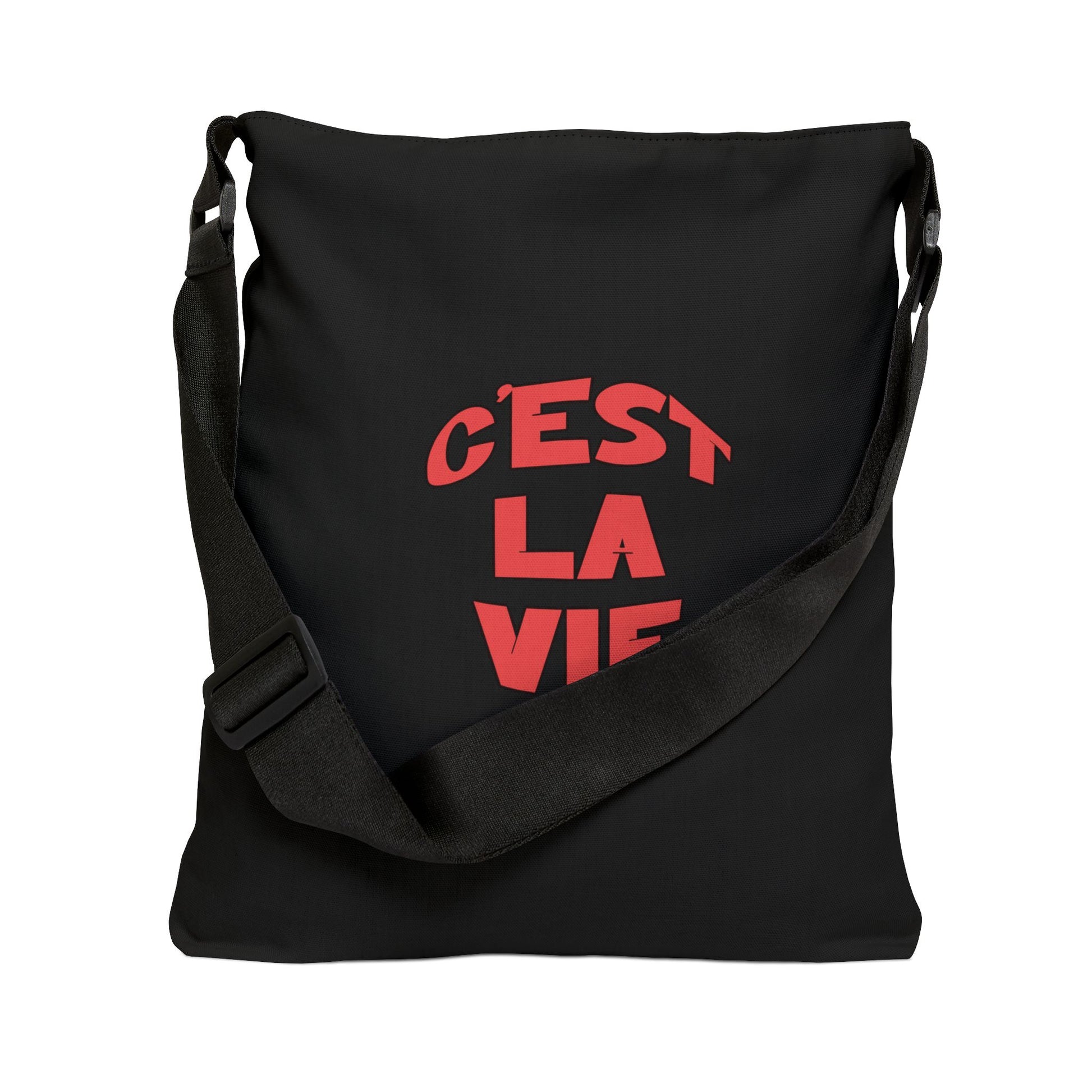 Black shoulder bag with red text 'C'EST LA VIE' on a white background