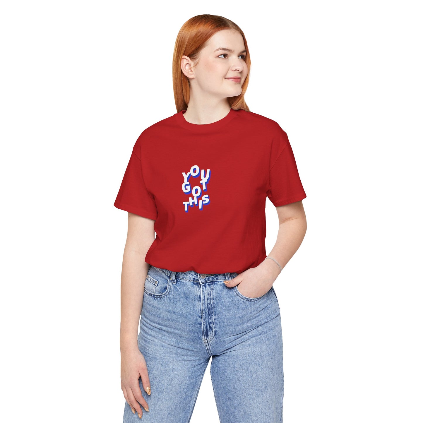 Person wearing a red t-shirt with 'You Got This' text on a white background