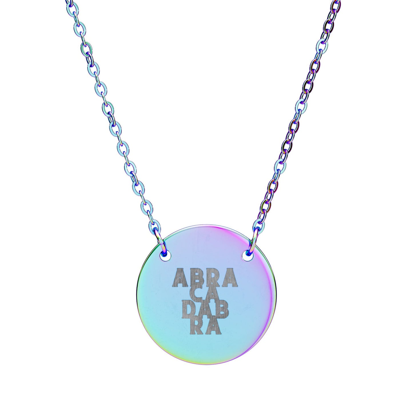 Necklace with a round, iridescent pendant featuring 'ABRACADABRA' on a white background.