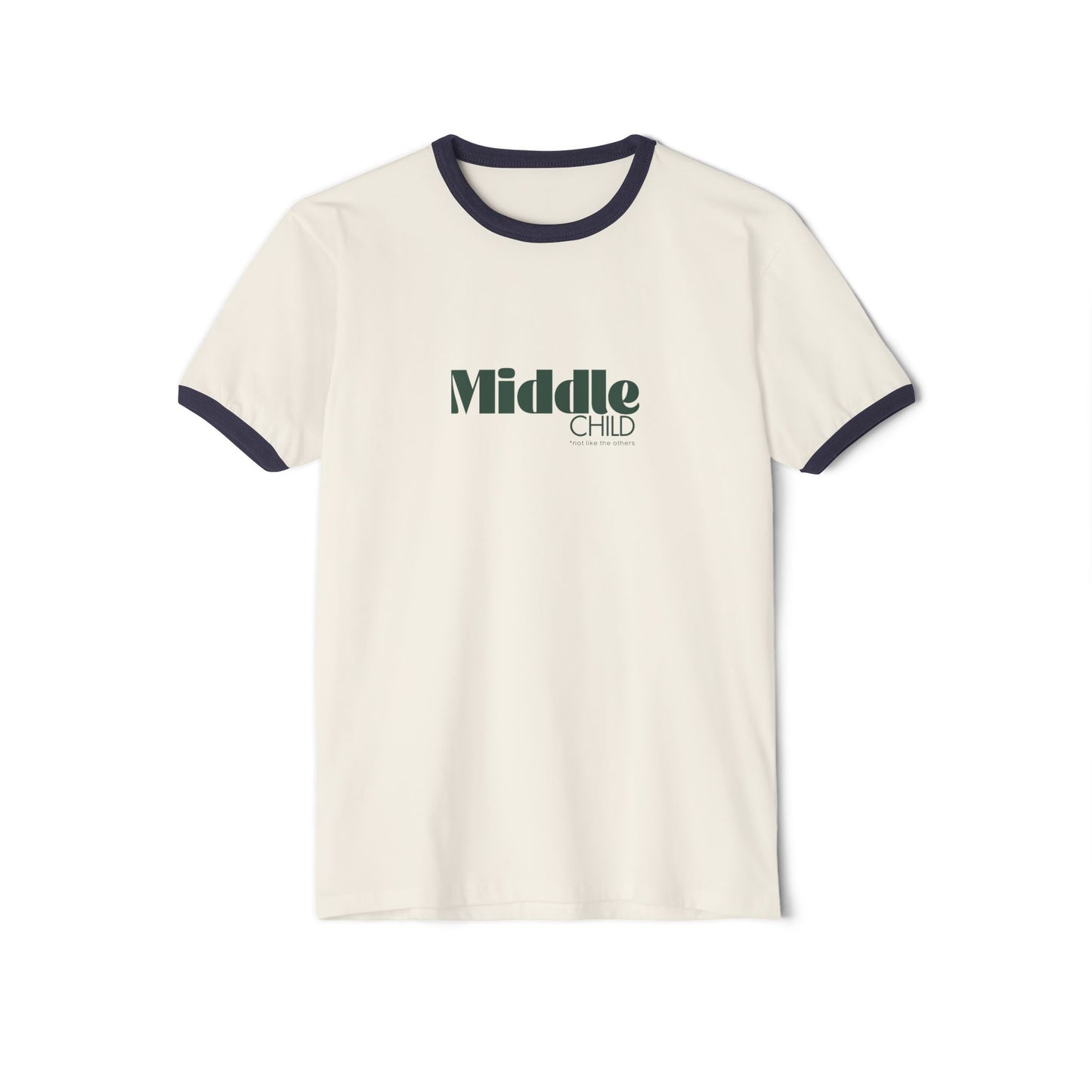 White t-shirt with 'Middle Child' text on a white background