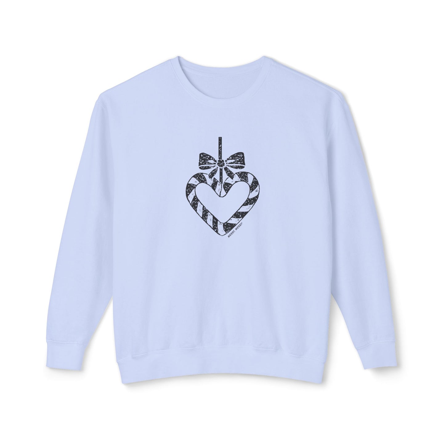 Light blue sweatshirt with a black heart and bow design on a white background