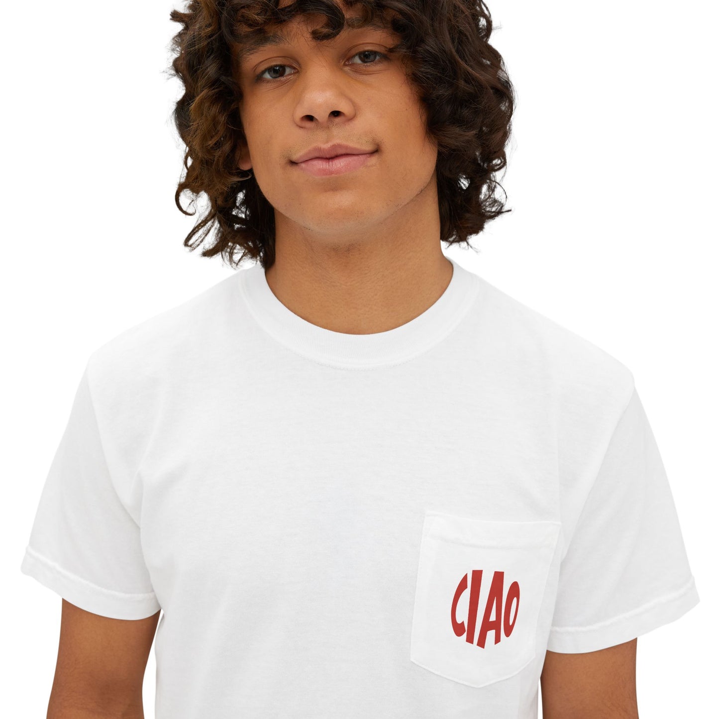 Young person wearing a white t-shirt with 'CIAO' printed on it against a white background