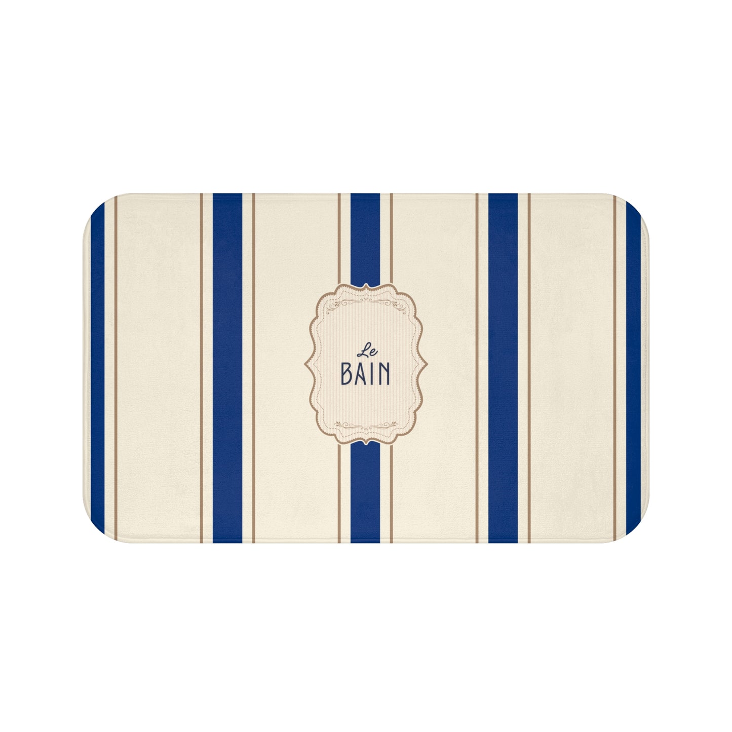 Striped bath mat with 'Le Bain' text on a white background