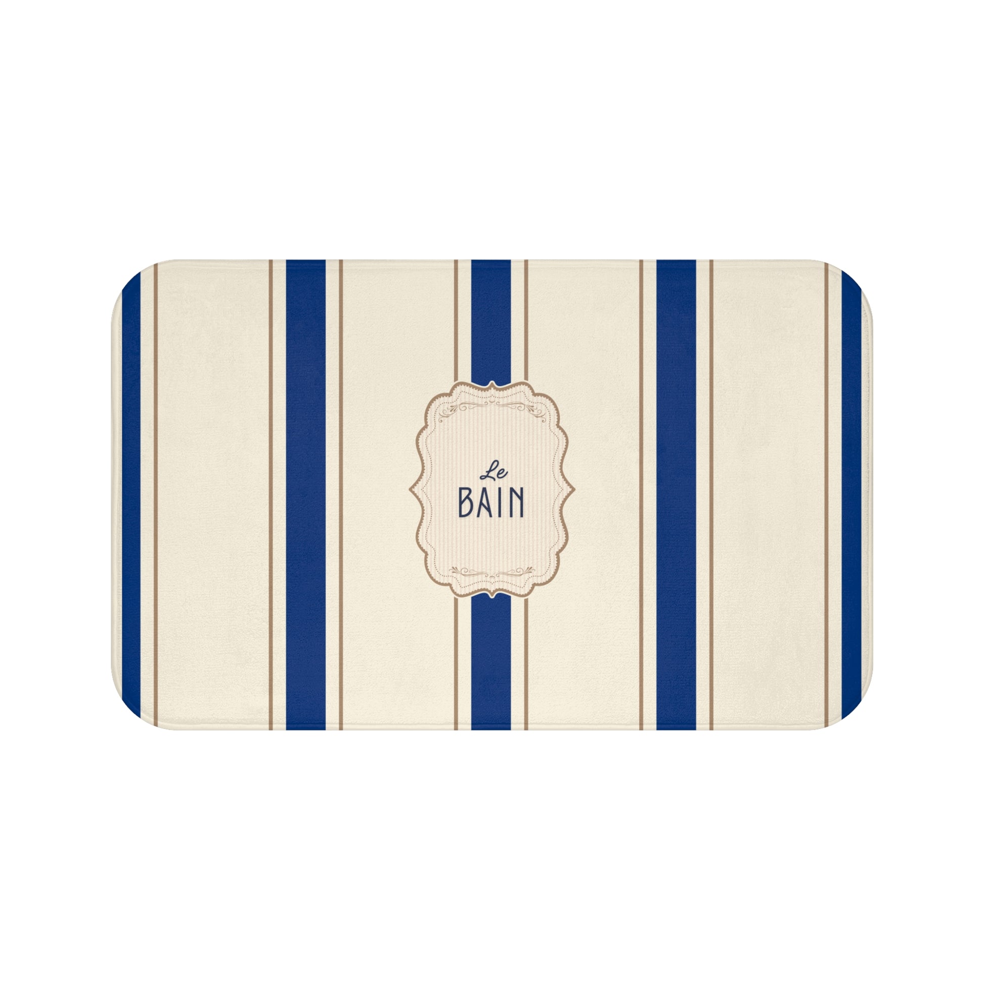Striped bath mat with 'Le Bain' text on a white background