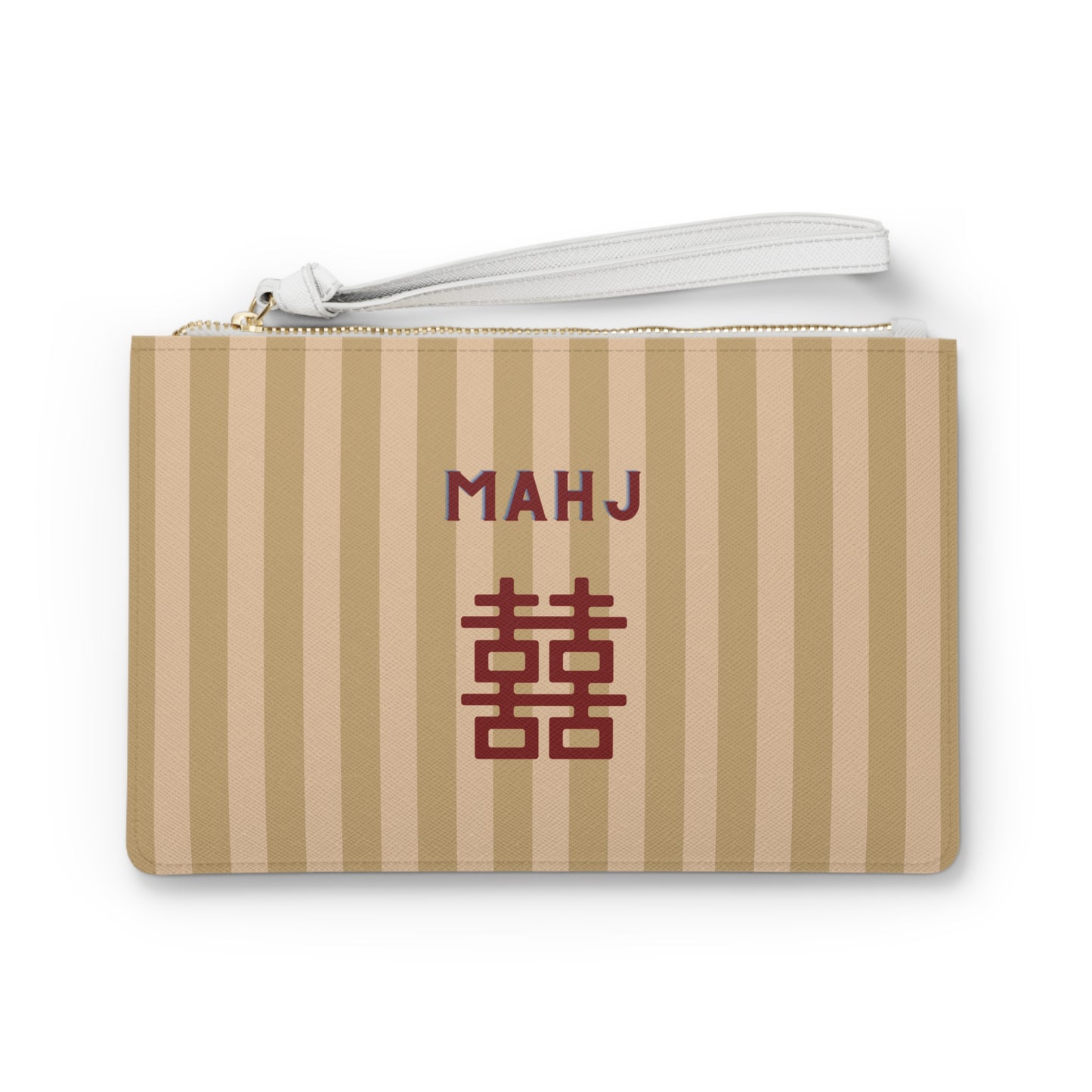 A small zip pouch with vertical beige and tan stripes, featuring the text 'MAHJ' and a Chinese double happiness symbol in dark red on the front, with a white wrist strap and gold zipper.