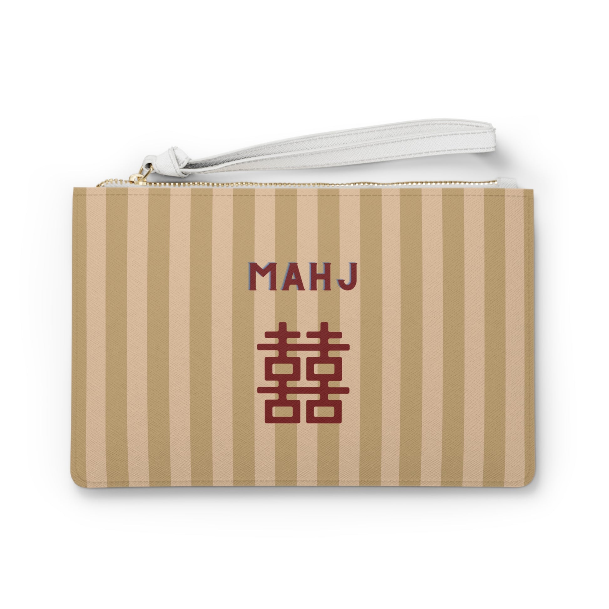 A small zip pouch with vertical beige and tan stripes, featuring the text 'MAHJ' and a Chinese double happiness symbol in dark red on the front, with a white wrist strap and gold zipper.