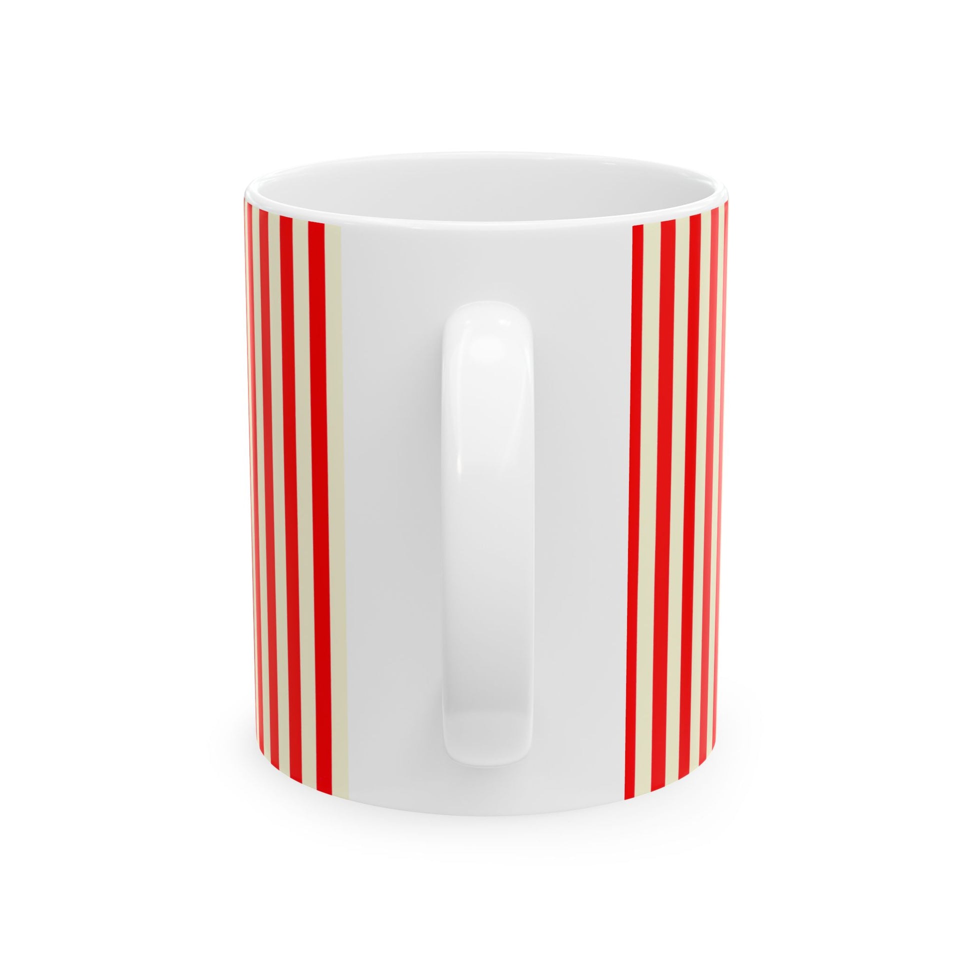 White mug with red vertical stripes on a white background