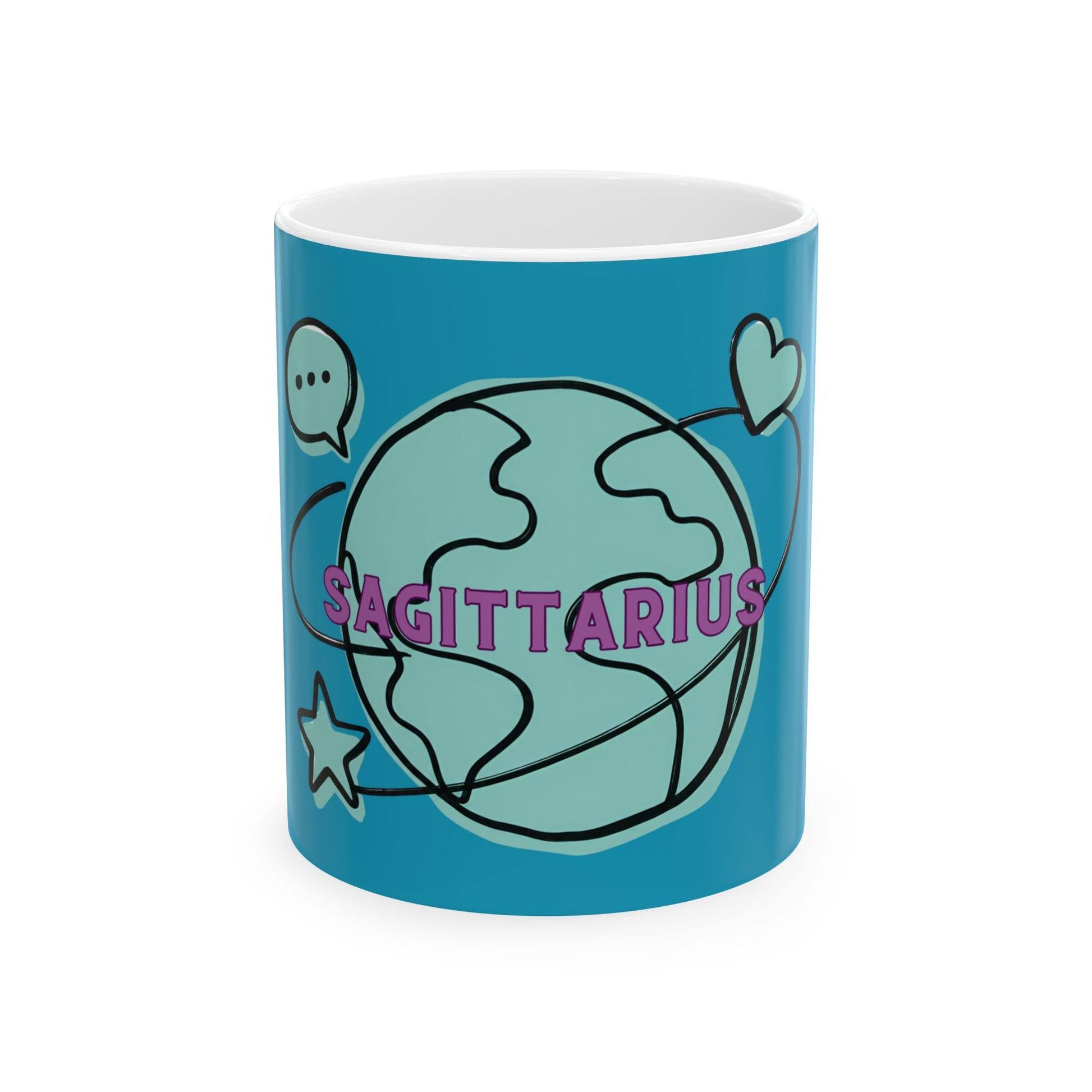 Blue mug with Sagittarius design on a white background