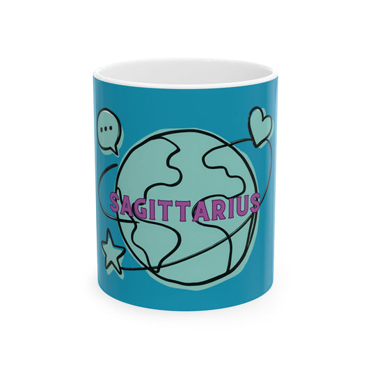 Blue mug with Sagittarius design on a white background