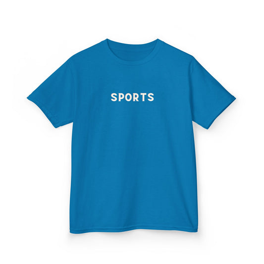 Blue t-shirt with 'SPORTS' text on a white background