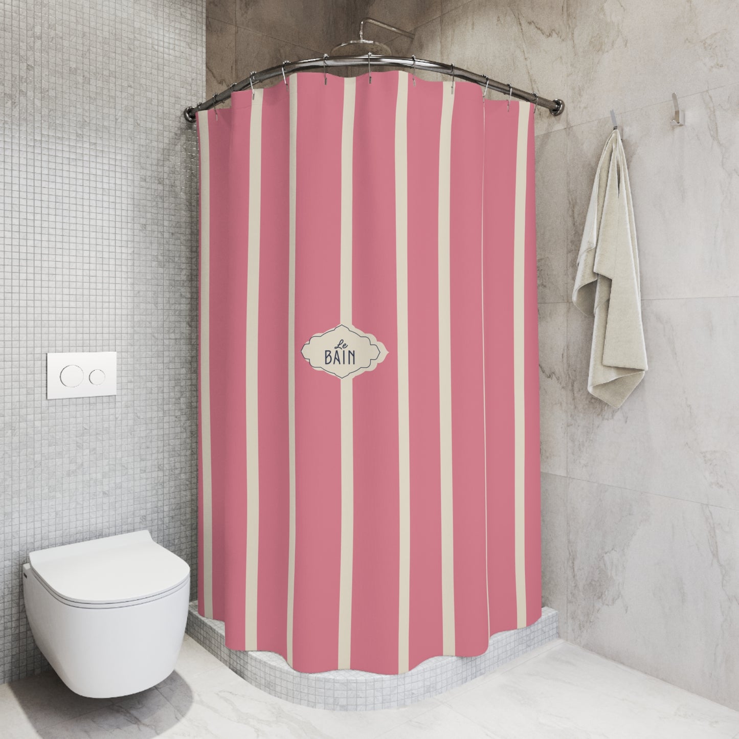 Pink and cream vertical striped shower curtain in a modern tiled bathroom, featuring a central decorative label that reads 'BATH'.