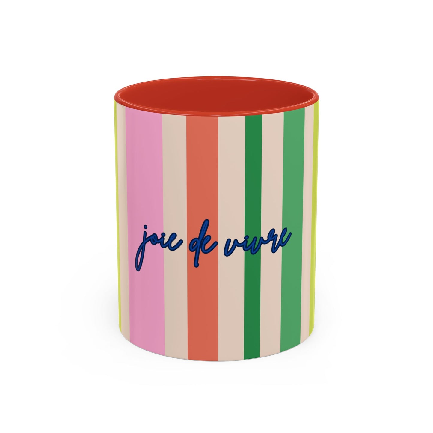 Colorful striped mug with 'juie de vivre' text on a white background