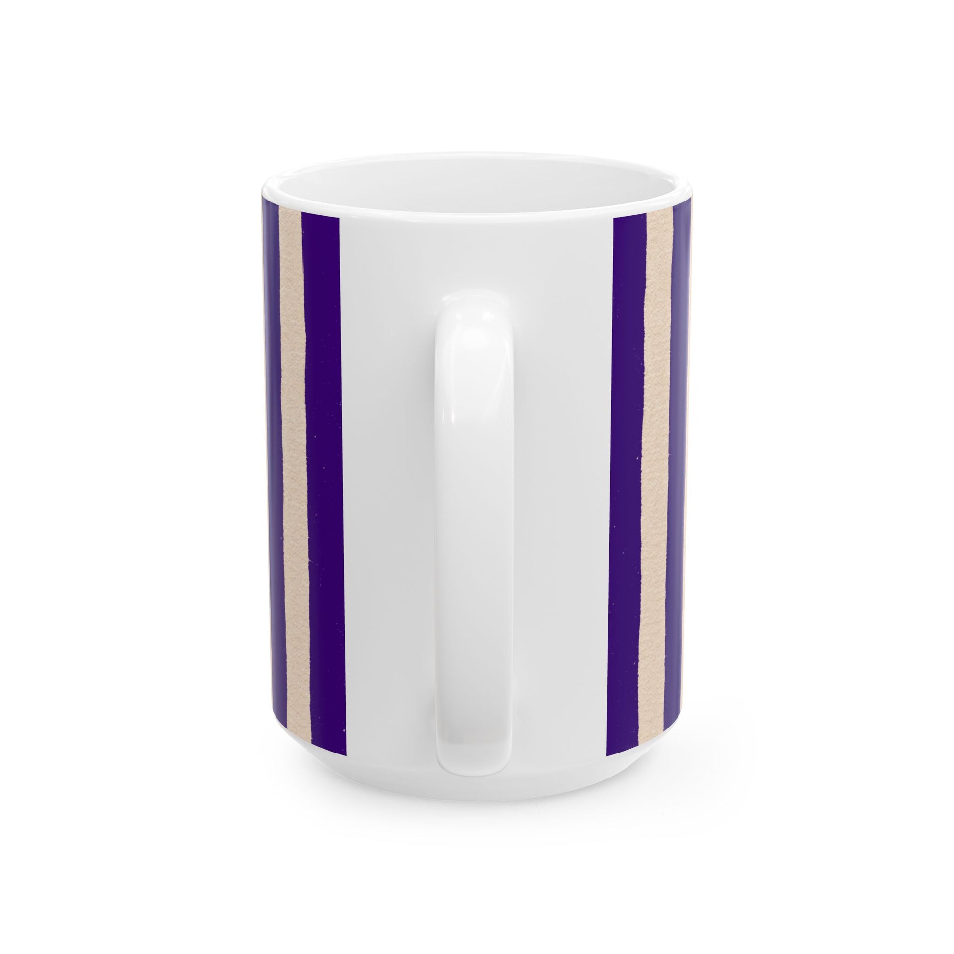 White mug with purple and beige stripes on a white background
